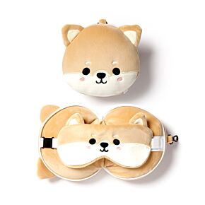 Coussin de Voyage Relaxeazzz Peluché 2-en-1 avec Masque Yeux - Chien Shiba Inu